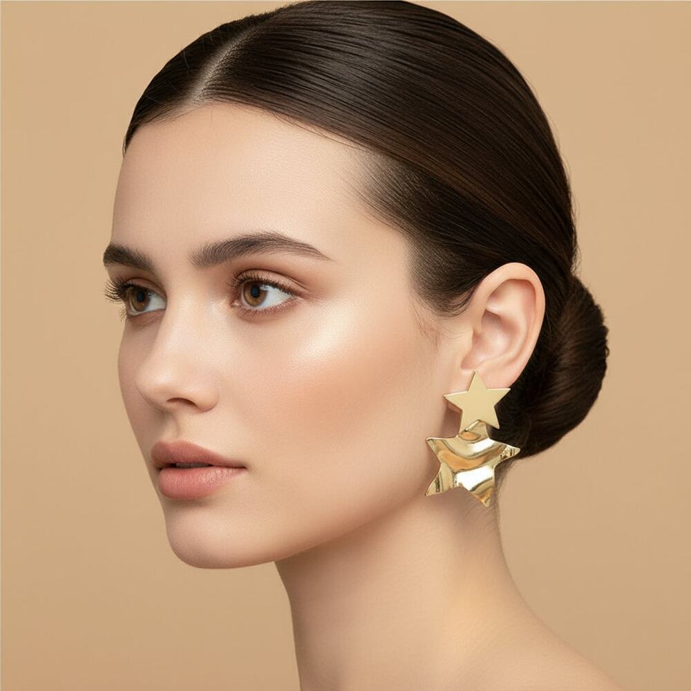 Clip on 2" gold comfort fit coil dangle star earrings